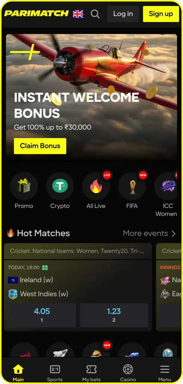 Navigate the main dashboard layout smoothly on the Parimatch app home screen.