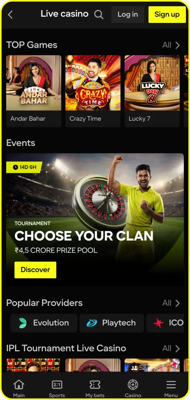 Play with real-time live dealers by launching the Parimatch app live section.