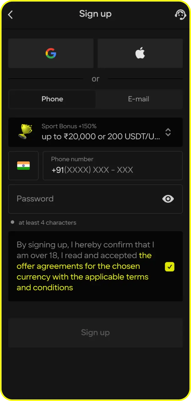 Create your personal account instantly using the official Parimatch app registration form.