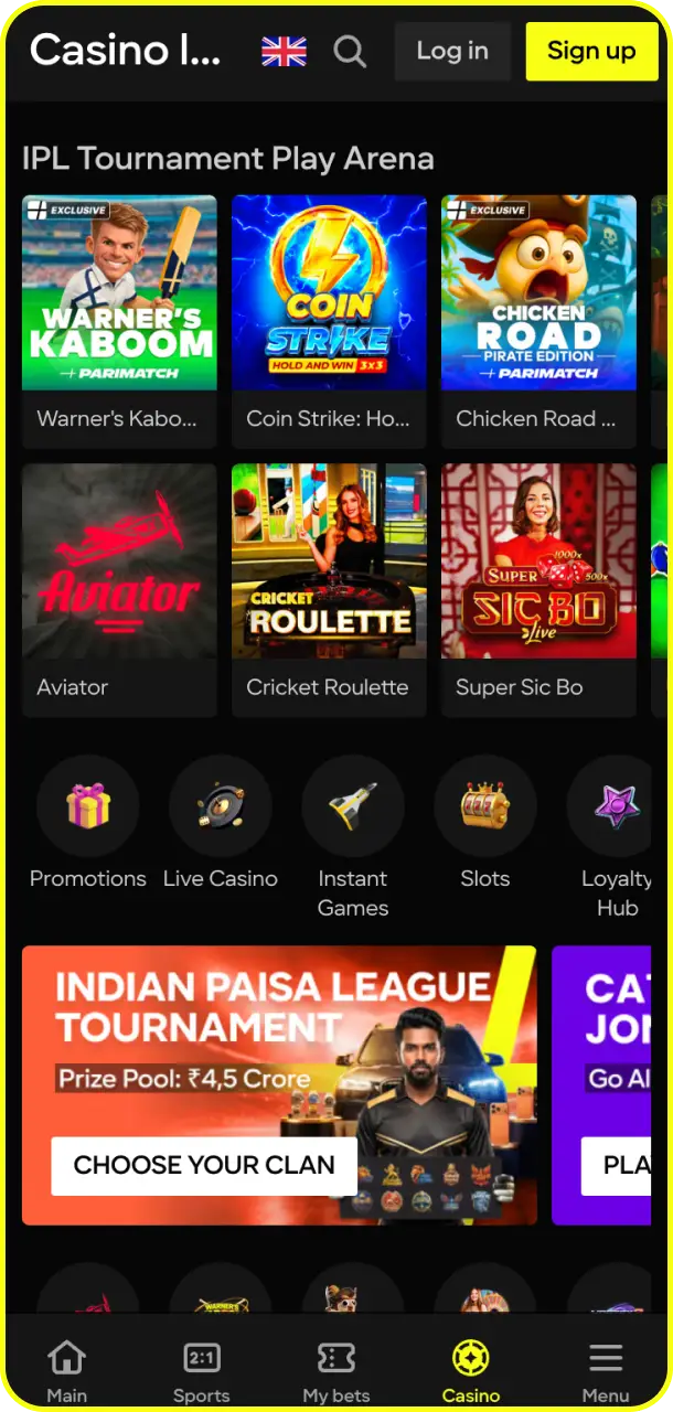 Check out the dynamic casino games lobby on the updated Parimatch app interface.