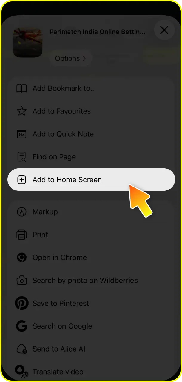 Add to home screen to generate a quick shortcut for the Parimatch app.