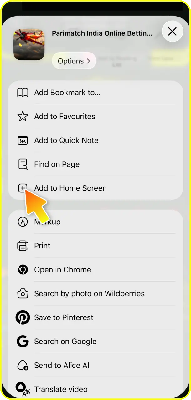 Use the share button in your browser to proceed with Aviator on Parimatch.