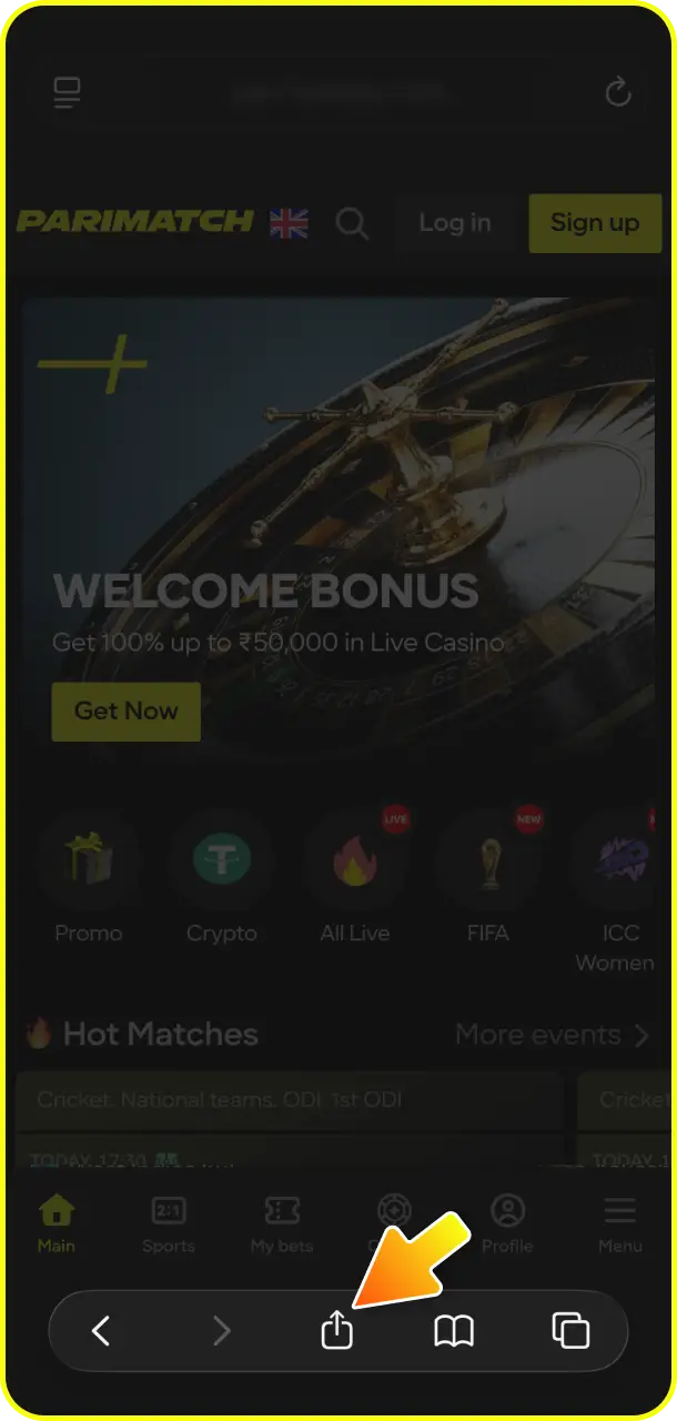 Tap the iOS app button to configure the shortcut for Aviator at Parimatch.