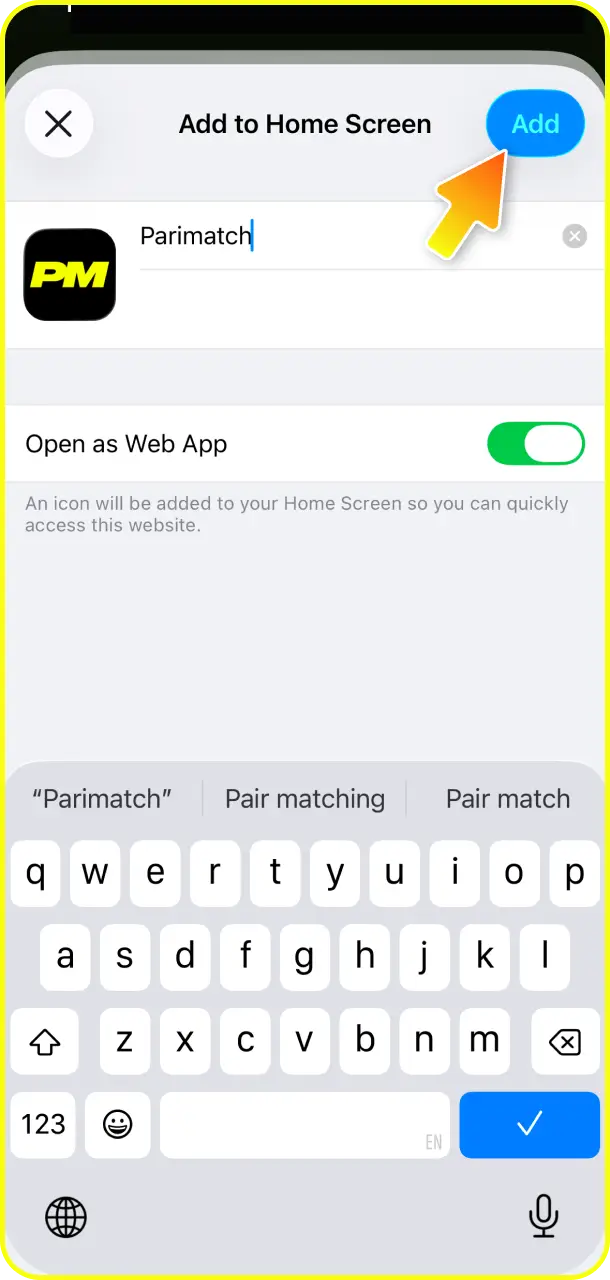 Add to home screen and confirm the icon shortcut for Aviator at Parimatch.