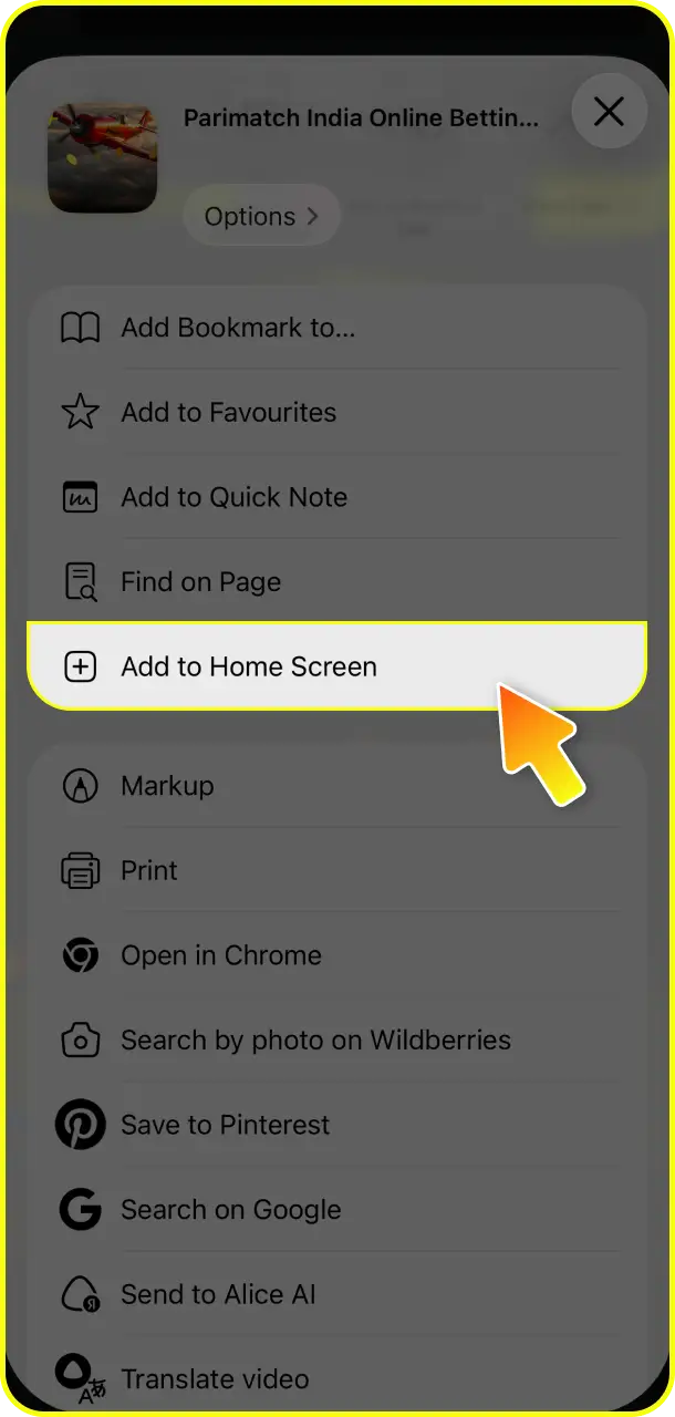 Choose the shortcut option and select 'Add to Home Screen' for Chicken Road at Parimatch.