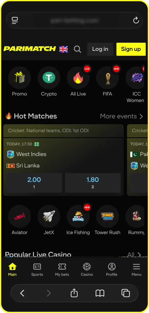 Launch your mobile web browser and open the site in Safari for Chicken Road on Parimatch.