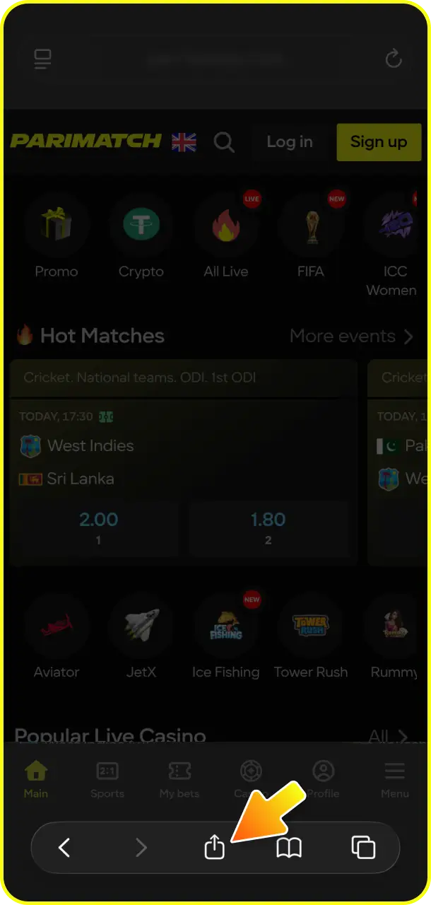 Open your mobile options menu and use the share button for Chicken Road on Parimatch.