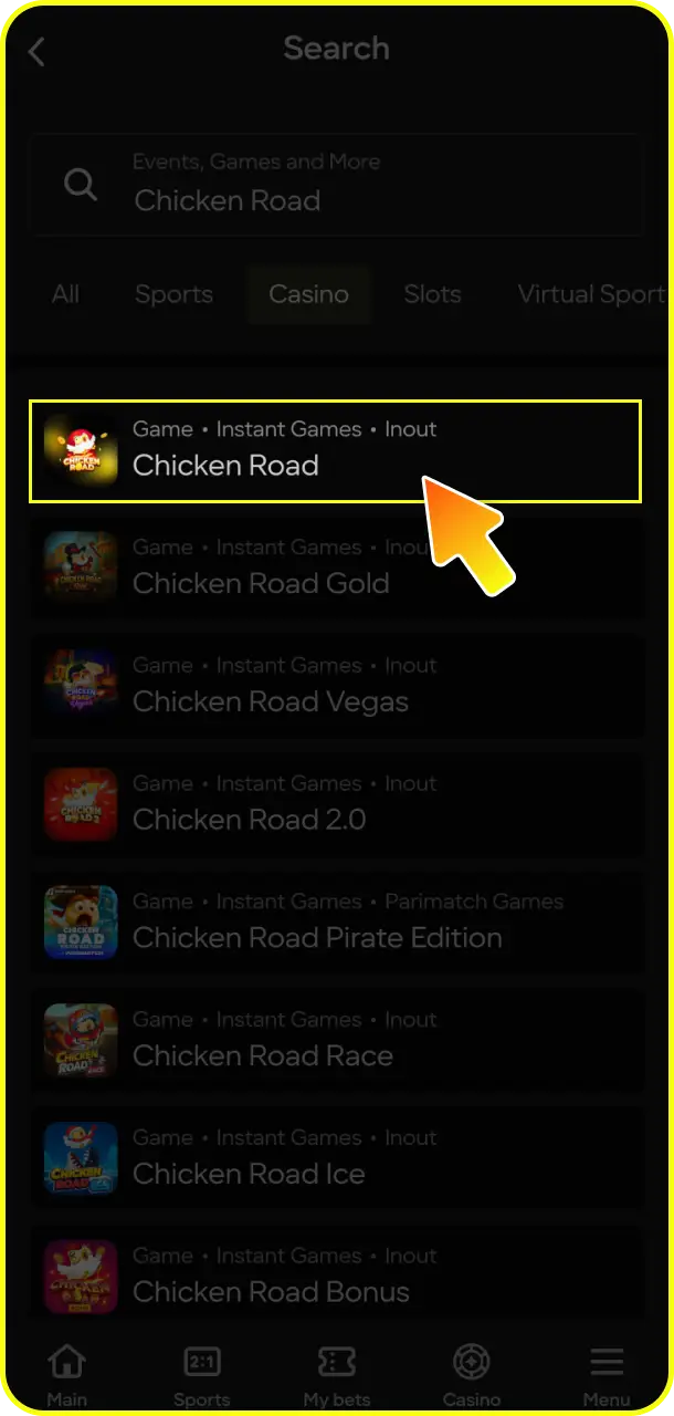 Click on the official game icon to launch Chicken Road and start winning at Parimatch.