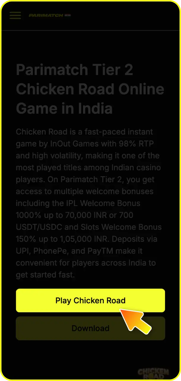 Fill out all the required fields to complete the registration form for Chicken Road on Parimatch.