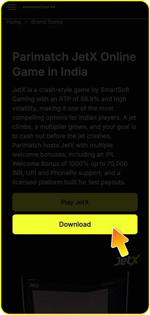 Click the mobile setup link and tap the download APK button for JetX on Parimatch.
