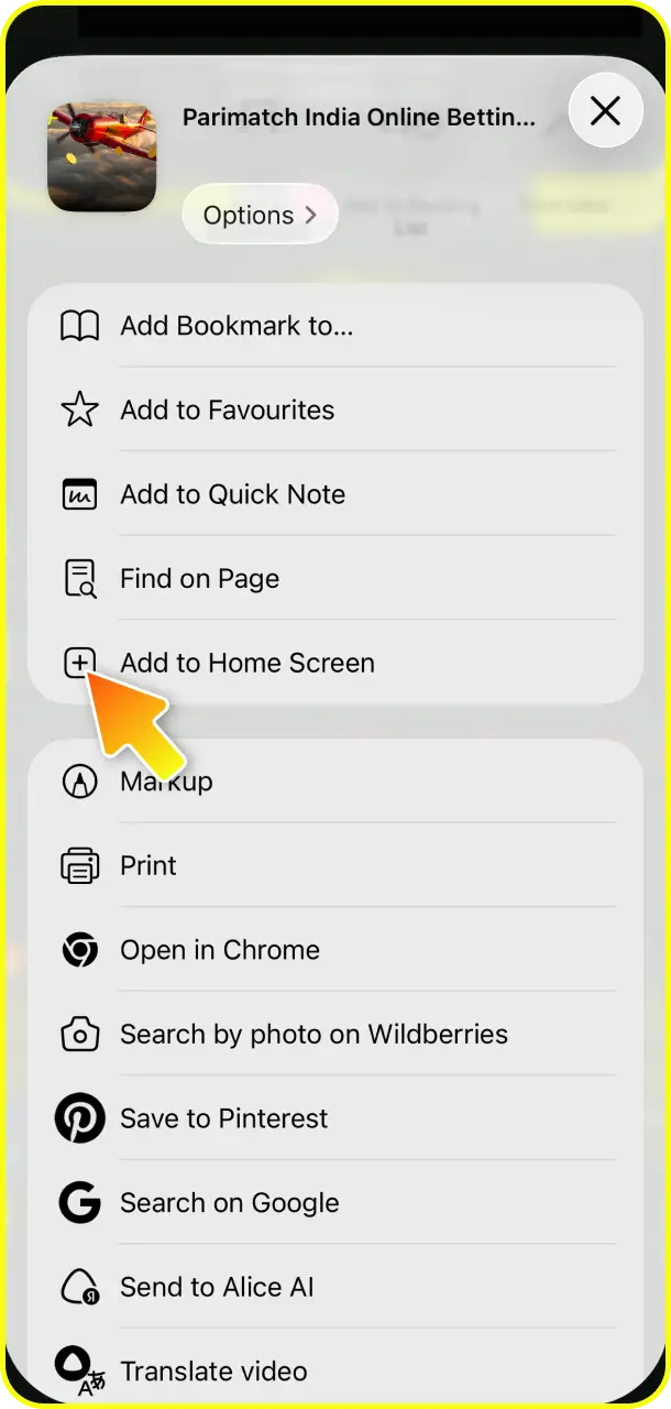 Choose the shortcut generation tool and select "Add to Home Screen" for JetX at Parimatch.