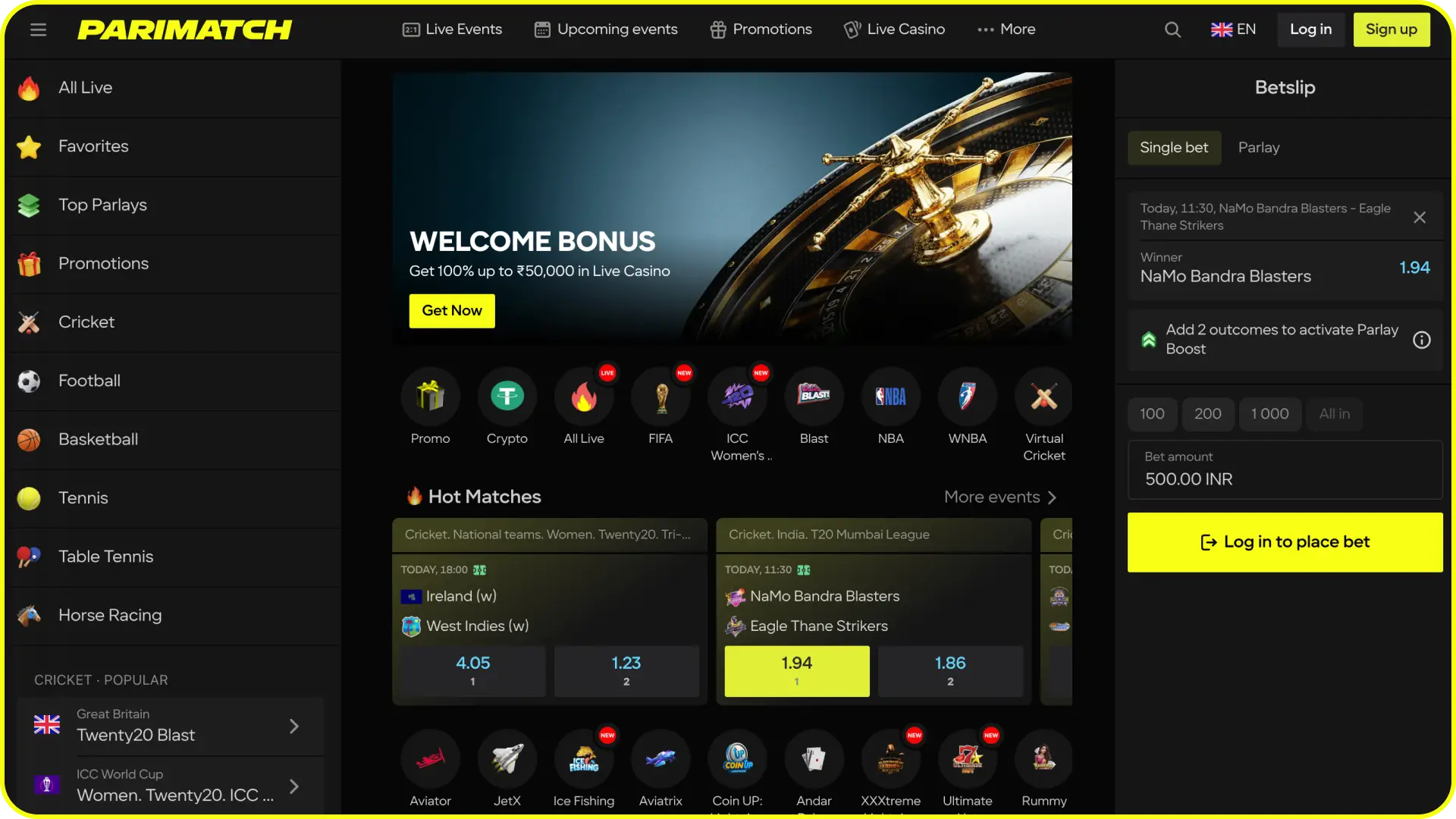 Check the home page layout to discover top betting options on Parimatch.