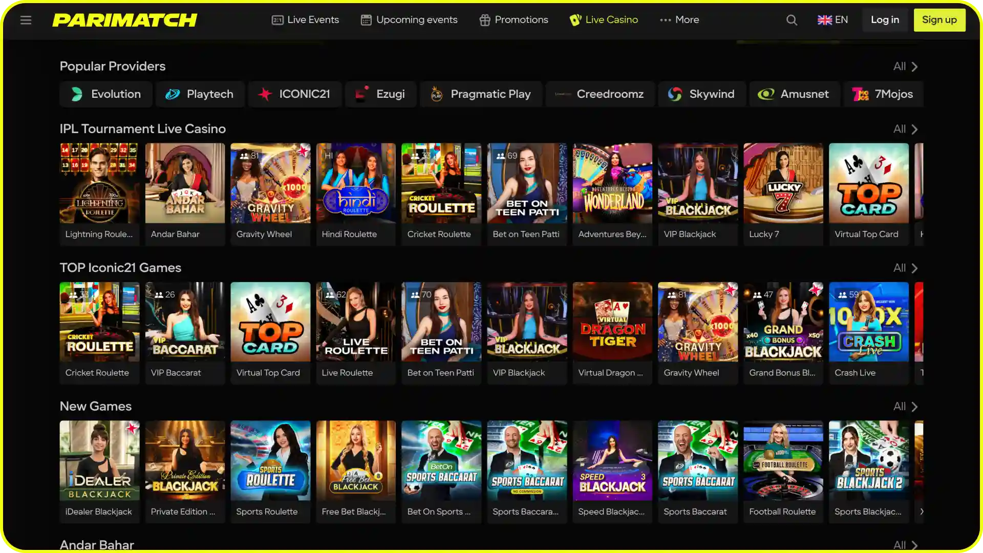 Open the live casino section to play interactive real dealer games on Parimatch.
