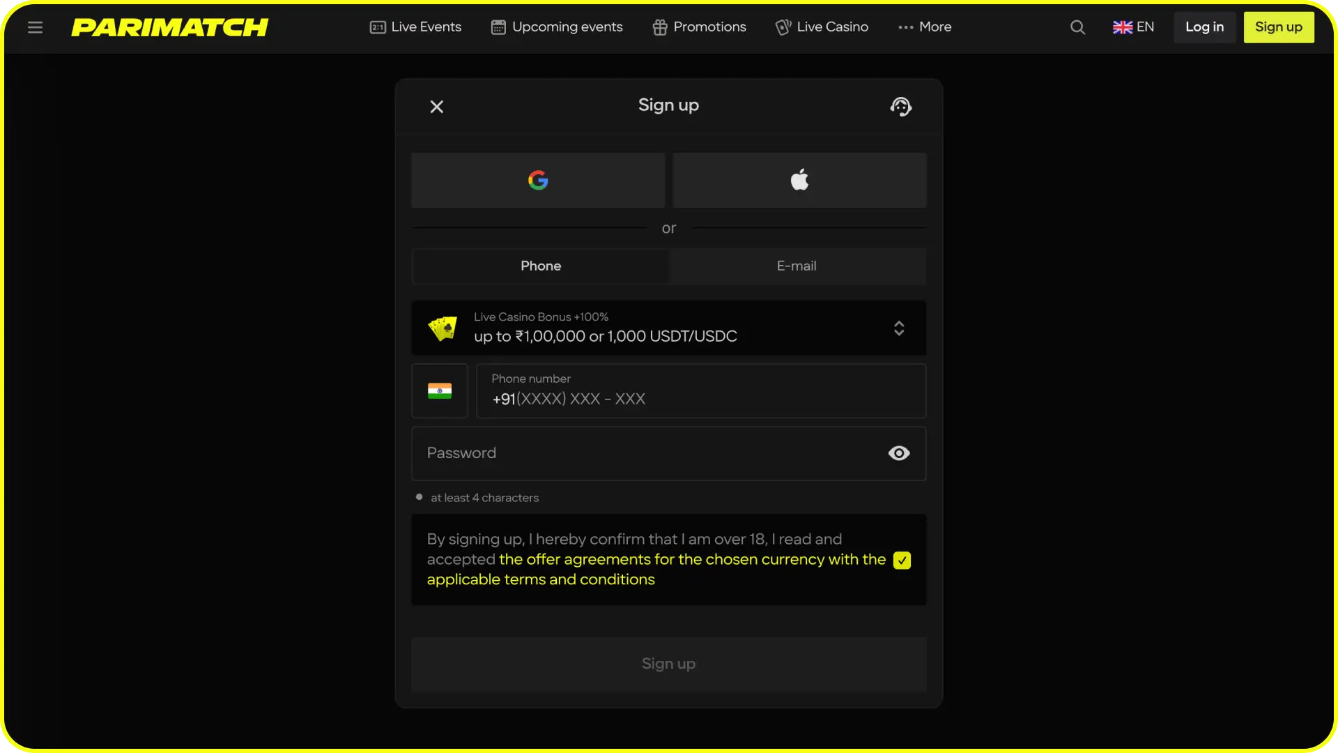Use the registration interface image to complete your official Parimatch sign up process.