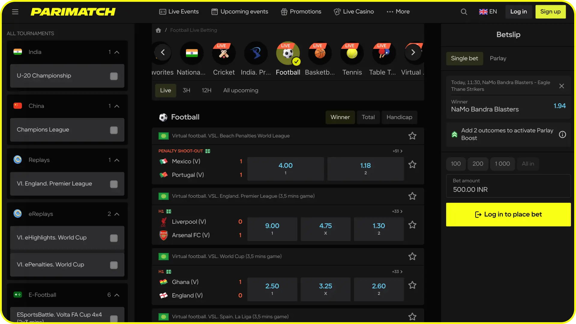 View the sports dashboard to place profitable live wagers on Parimatch.