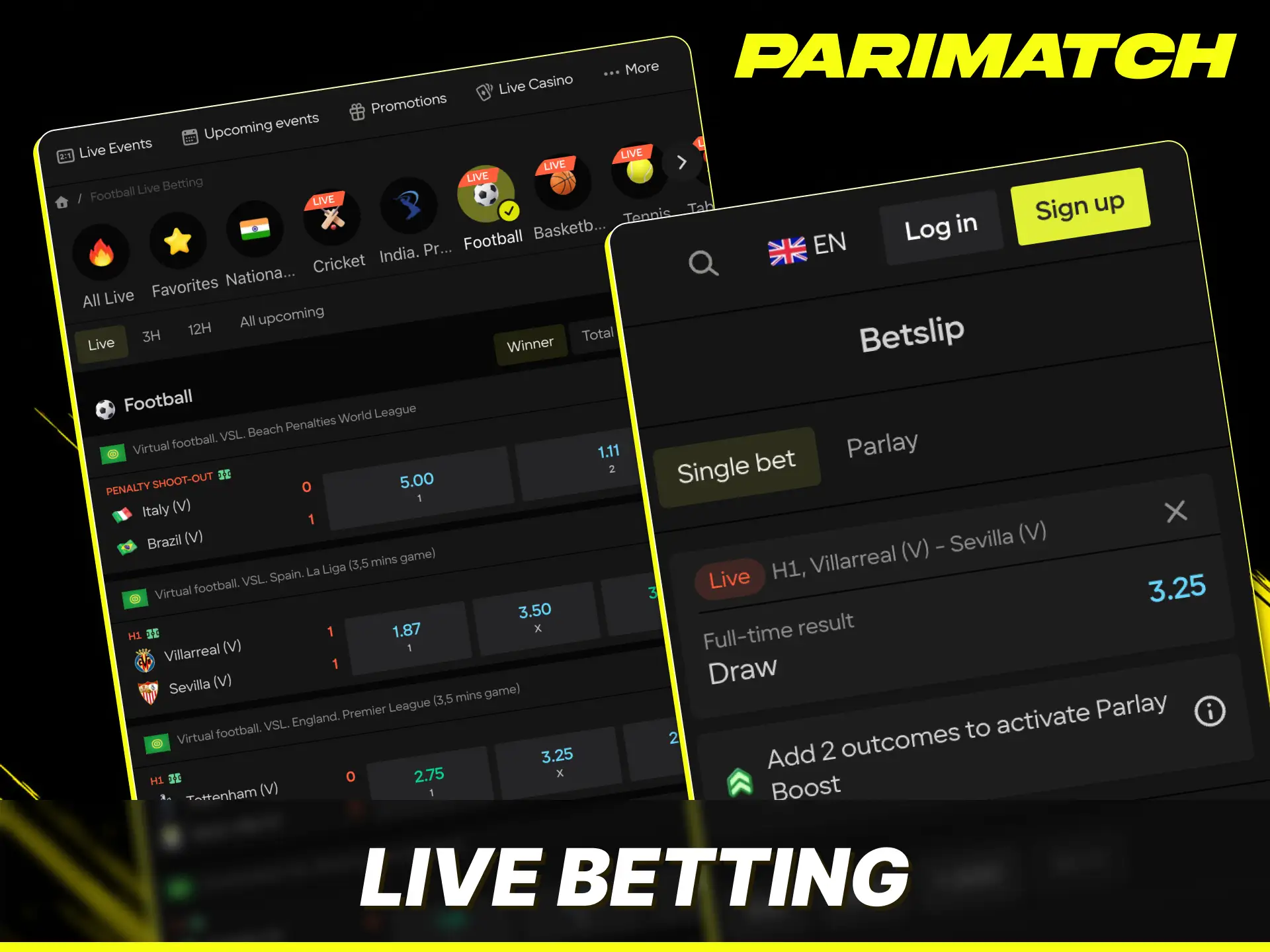 Place instant live betting wagers on real-time sporting events using Parimatch.