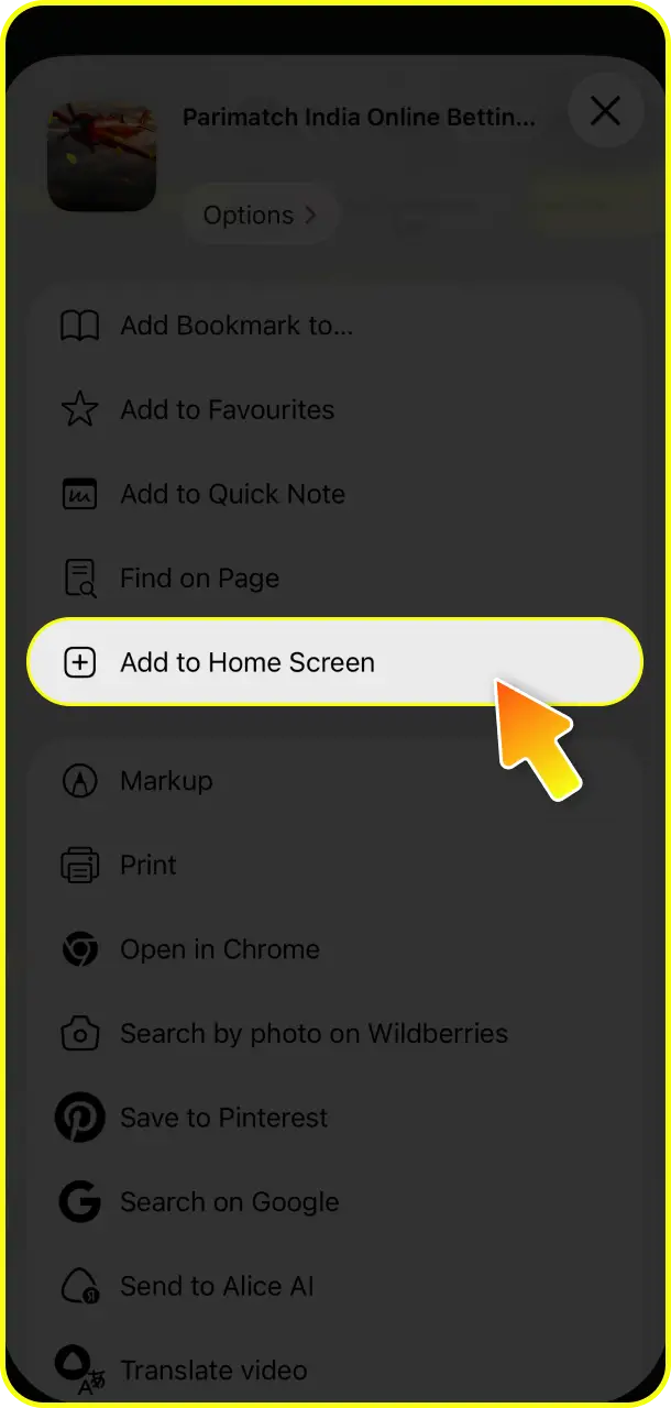 Choose the mobile widget option and select add to home screen for Mines at Parimatch.