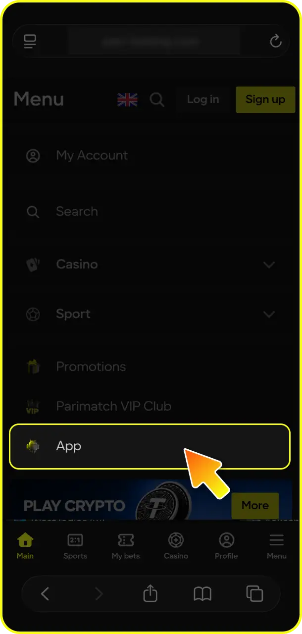 Find the dedicated mobile link and tap the iOS button for Mines at Parimatch.