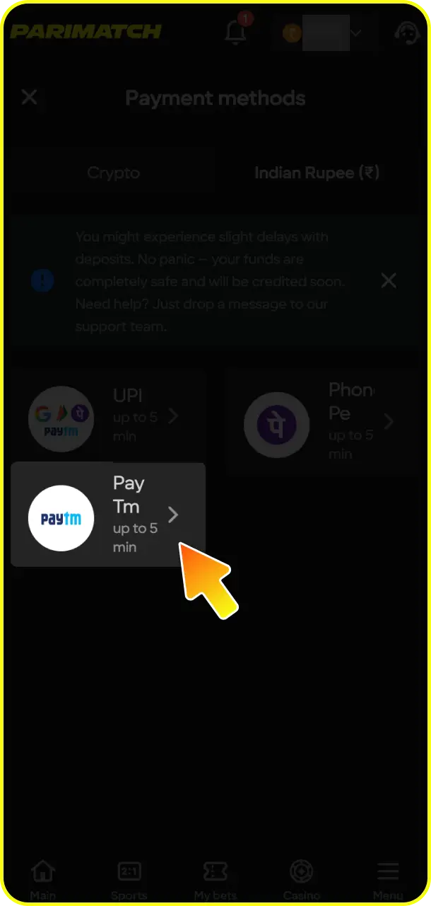 Top up your wallet and make your first deposit for Mines at Parimatch.