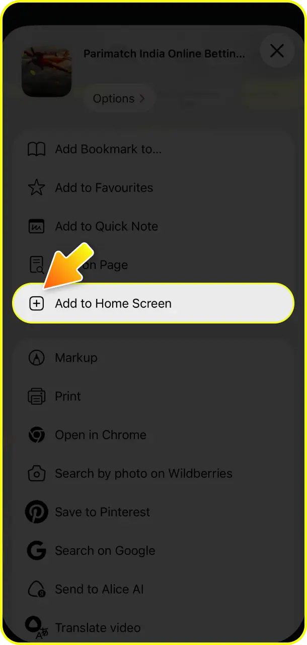 Scroll through the interactive context menu and select 'Add to Home Screen' for Plinko at Parimatch.