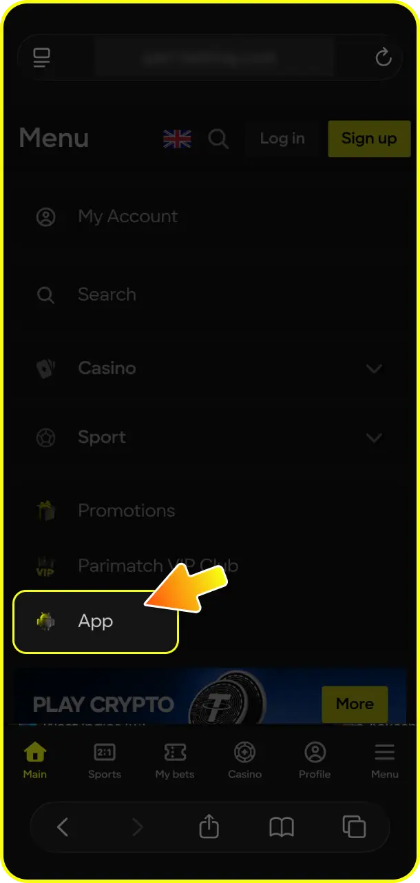 Go to the navigation bar and tap the iOS button on the homepage for Plinko at Parimatch.