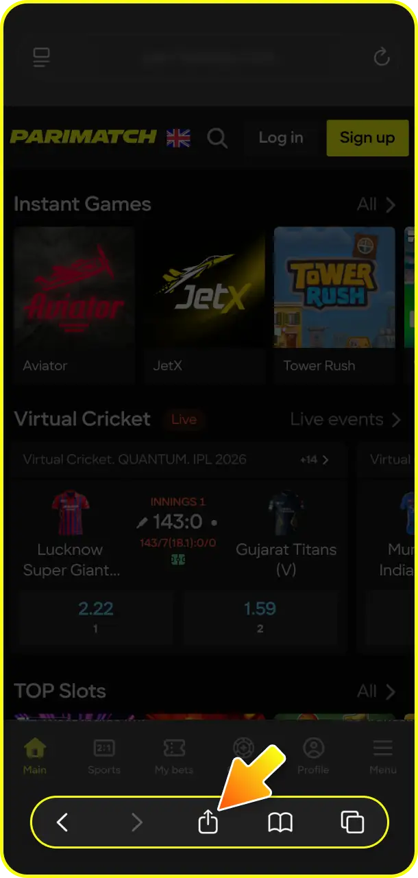 Tap the lower browser navigation icon to use the share button for Plinko on Parimatch.
