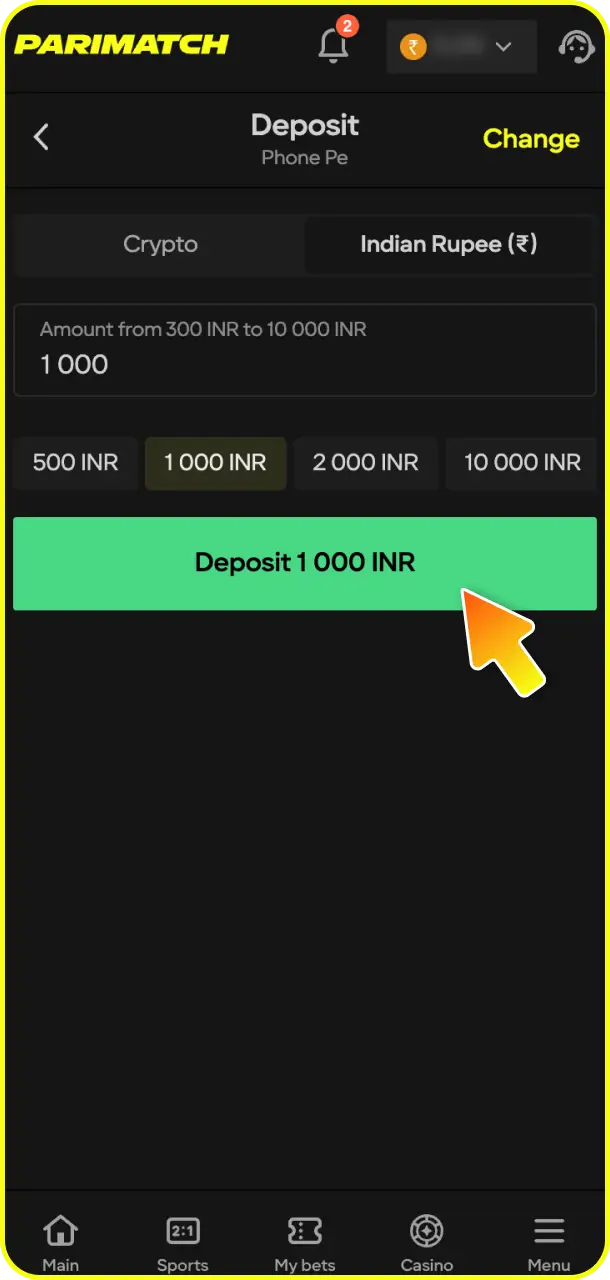 Transfer funds into your account and make your first deposit for Plinko at Parimatch.