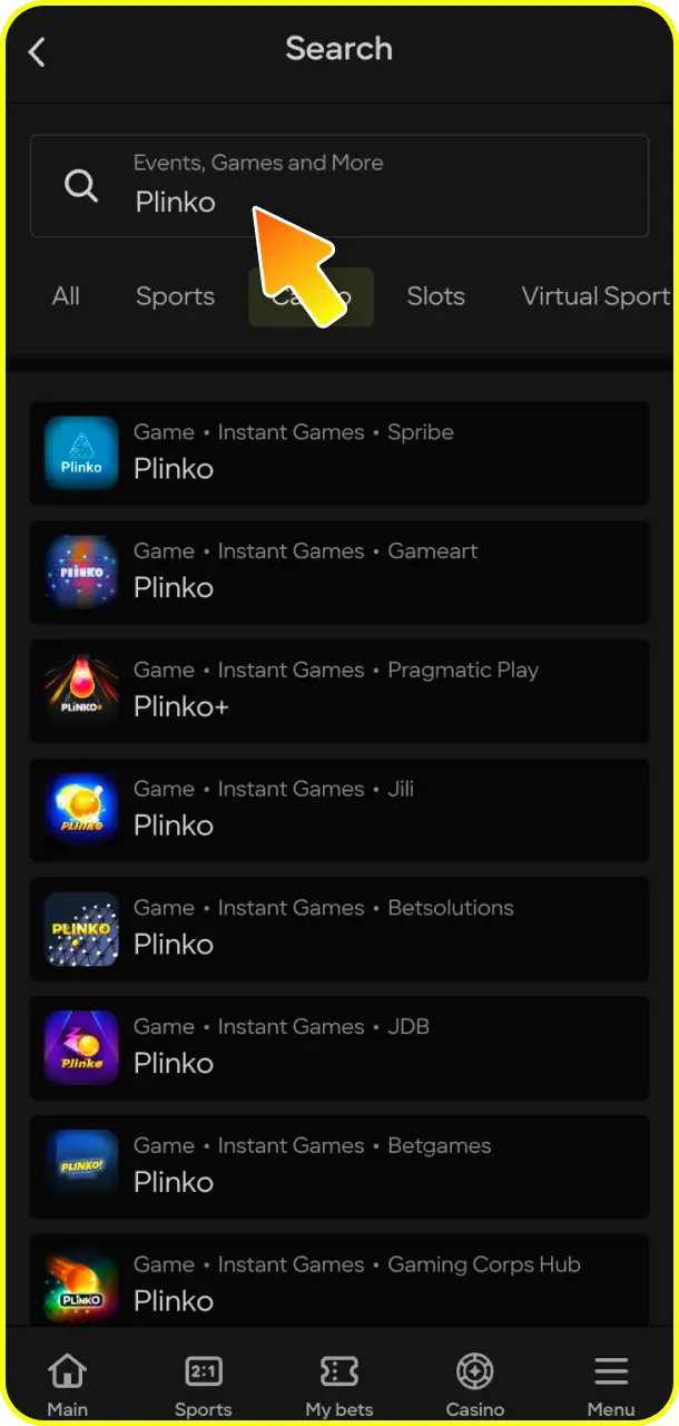Navigate to the instant games category to launch Plinko at Parimatch.