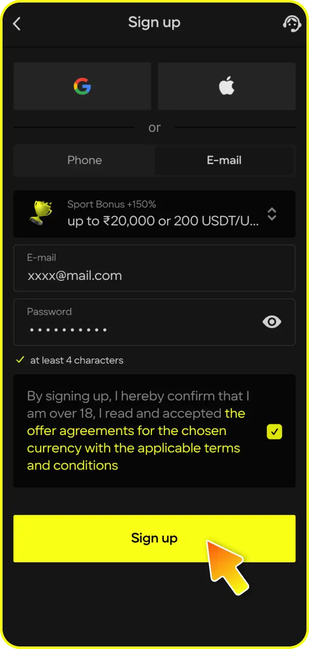 Complete the registration form with your details to play Plinko on Parimatch.