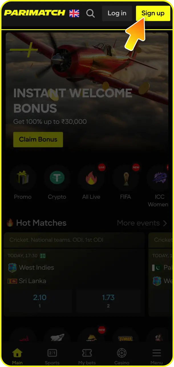 Open the app and tap sign up to start your mobile account creation on Parimatch.