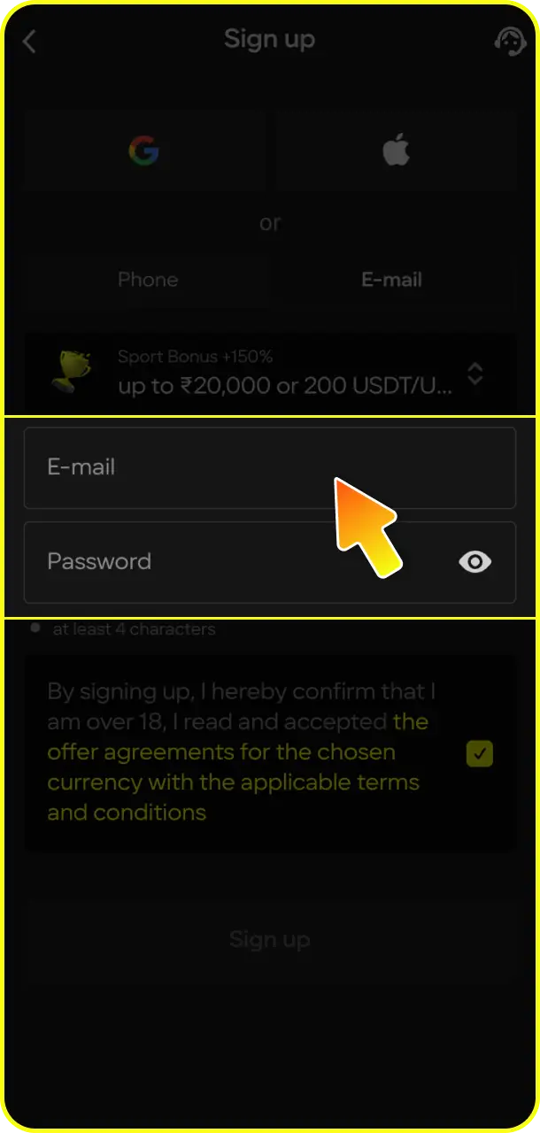 Fill in your personal details accurately within the mobile signup form on Parimatch.