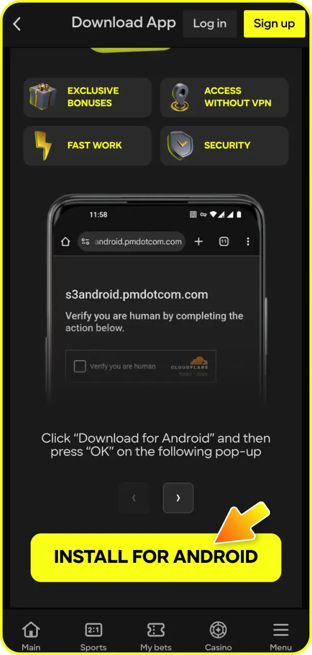 Click the mobile installation link to download the app for registration on Parimatch.
