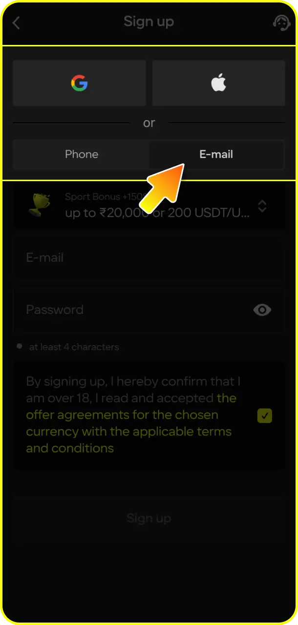 Select your preferred registration method using either phone or email options on Parimatch.