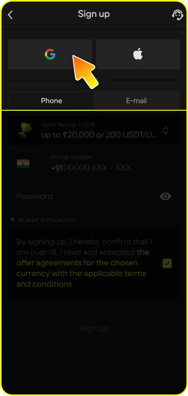 Choose your registration method by selecting either phone or email for your Parimatch account.