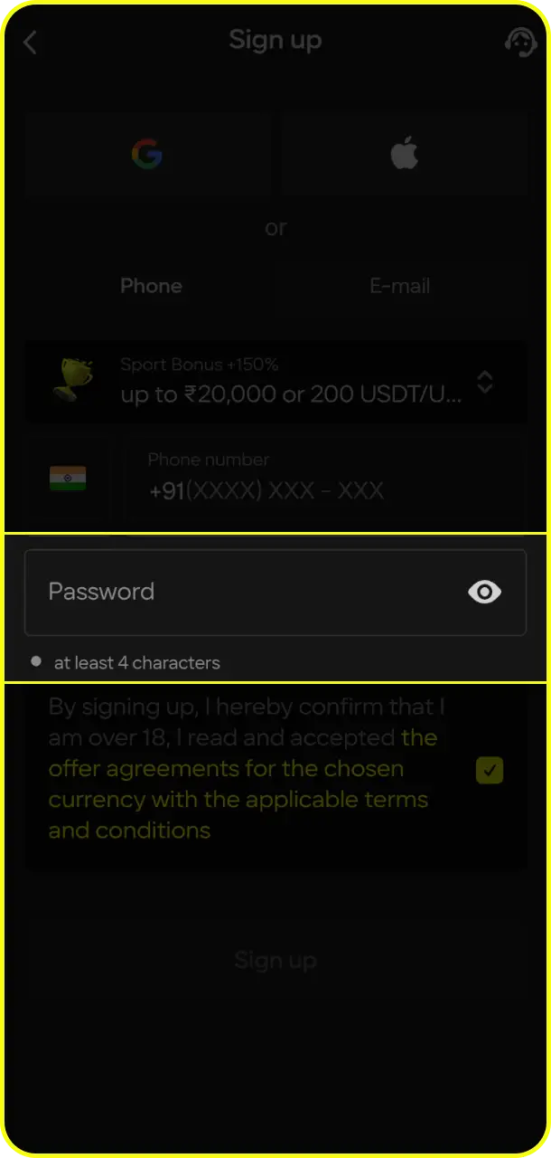 Set your password securely to protect your new profile during registration on Parimatch.